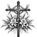 Cross with Vinescurling  up it with small roses carnations and lilys intertwined and Wheat in the Back tattoo tattoo design idea