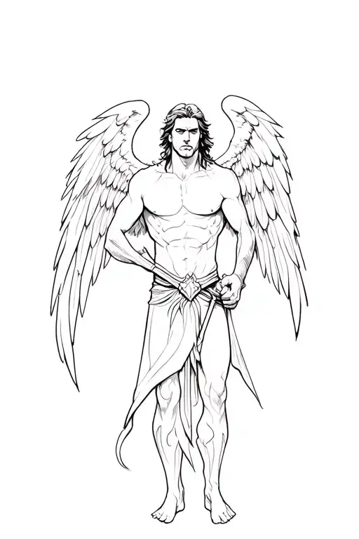 A black tattoo design of a fierce male warrior angel. The angel has a slightly smaller, muscular upper body and long, sh tattoo design idea