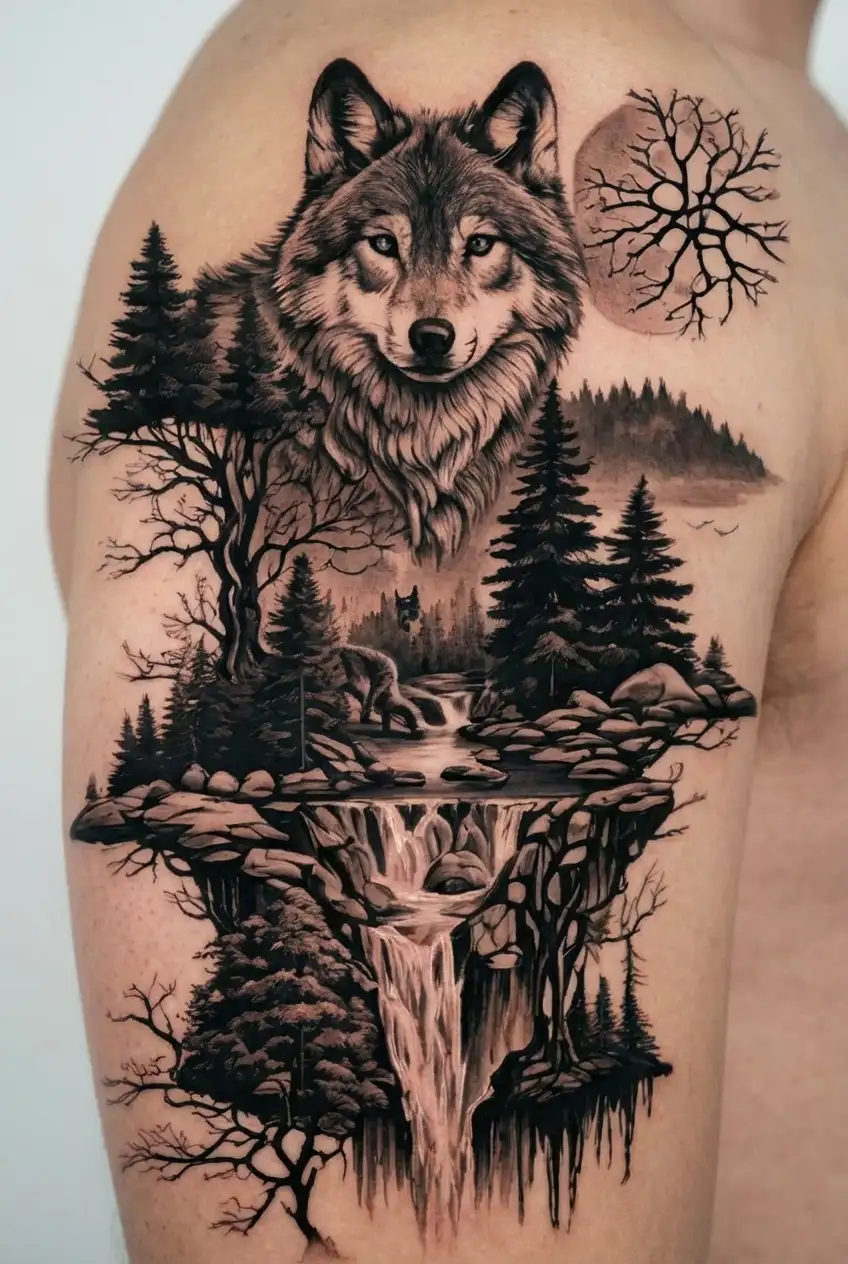 wolf, forest landscape, night sky, waterfall  tattoo design idea