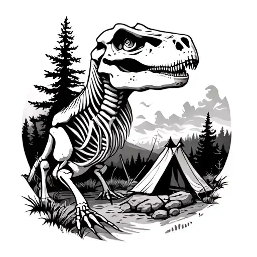 A realistic black and white tattoo of a dinosaur skeleton camping in the outdoors tattoo design idea