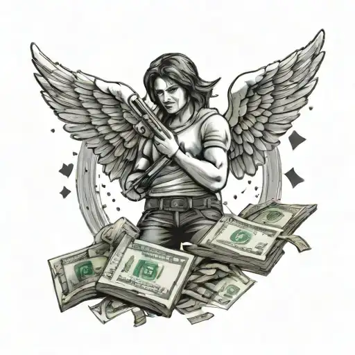 letters saying money and a angel flying with guns in its hands with money raining down  tattoo design idea