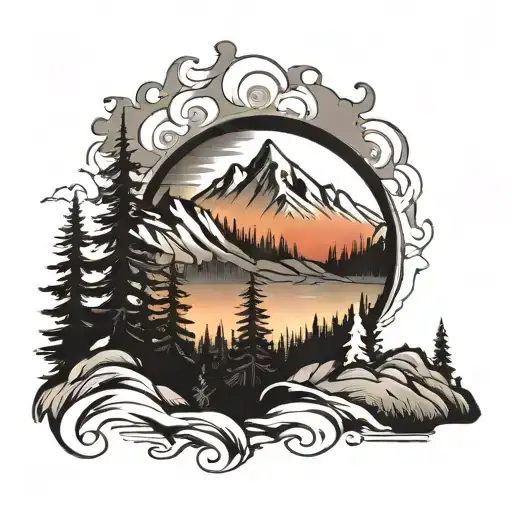 mountain landscape using initials D M S incorporated somehow. dark forest. sunset. black and white.  tattoo design idea