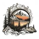 mountain landscape using initials D M S incorporated somehow. dark forest. sunset. black and white.  tattoo design idea