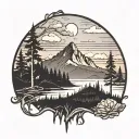 mountain landscape using initials D M S incorporated somehow. dark forest. sunset. black and white.  tattoo design idea