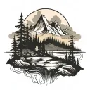 mountain landscape using initials D M S incorporated somehow. dark forest. sunset. black and white.  tattoo design idea