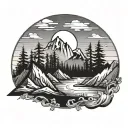 mountain landscape using initials D M S incorporated somehow. dark forest. sunset. black and white.  tattoo design idea