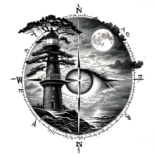 Lighthouse, compass, tree, eye, map and moon tattoo design idea