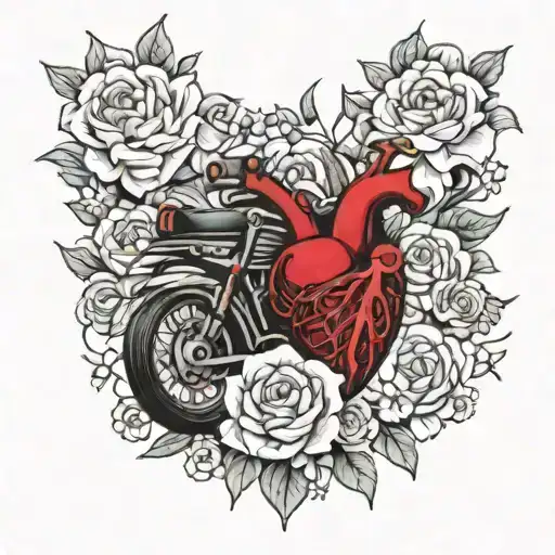 motorcycle, an anatomical heart and a masculine floral background tattoo design idea