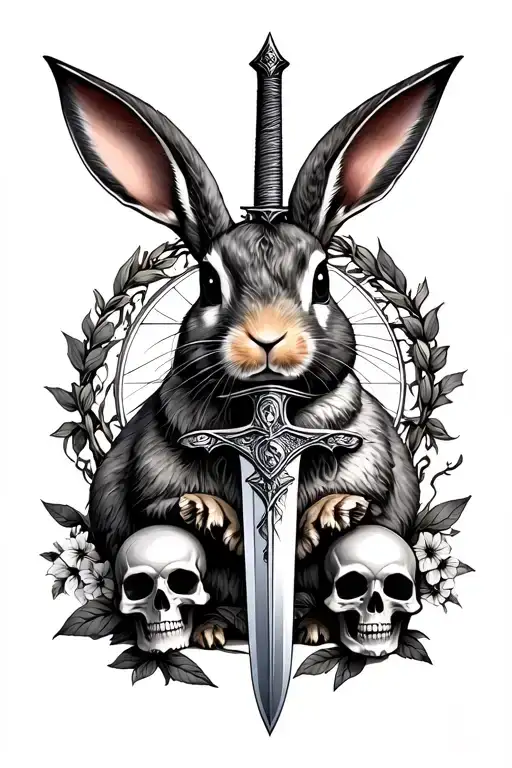 chronos and kairos as rabbits, sickle, sword, garland of skulls tattoo design idea