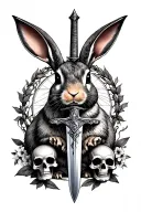 chronos and kairos as rabbits, sickle, sword, garland of skulls tattoo design idea