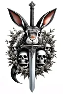 chronos and kairos as rabbits, sickle, sword, garland of skulls tattoo design idea