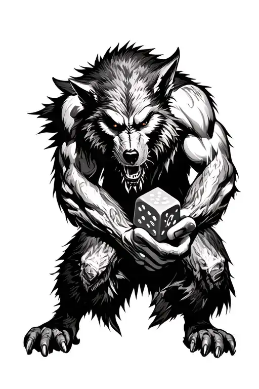 Werewolf holding D20 dice tattoo design idea