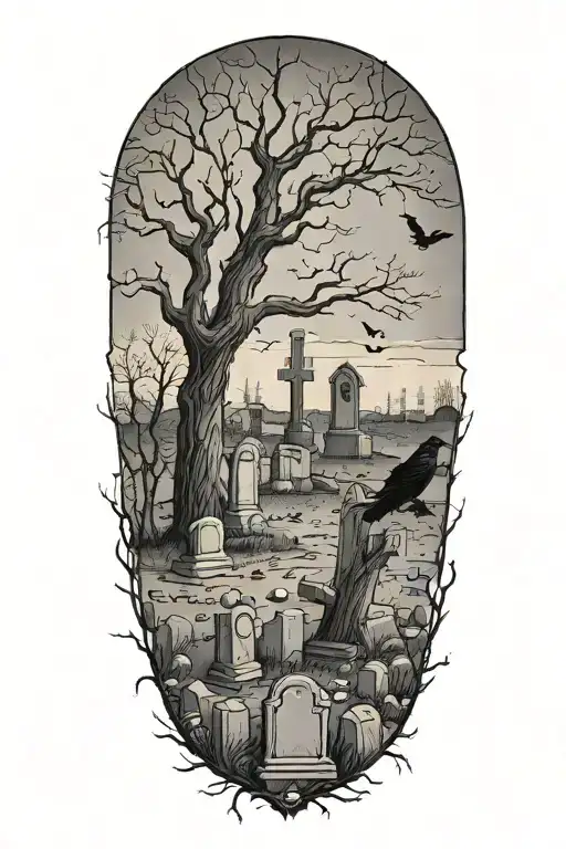Graveyard with broken tombstones, a lone dead tree in the background, ravens guarding the are tattoo design idea