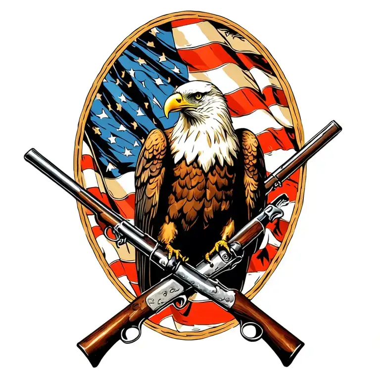 Bald Eagle perched on 2 old muskets crossed like an X with an American flag waving in the background. tattoo design idea