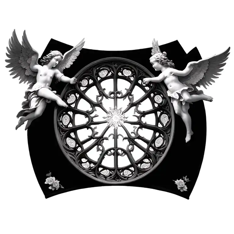 black cathedral rose window with angels  tattoo design idea