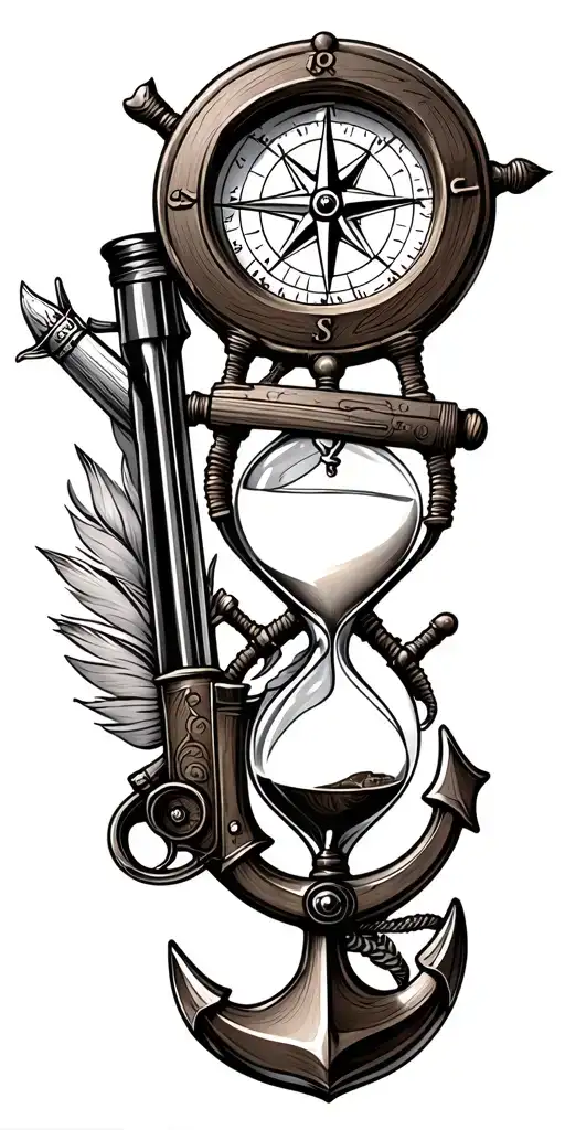 flintlock pistol, cutlass, quill pen, nautical compass, fouled anchor, ship's wheel, hourglass tattoo design idea