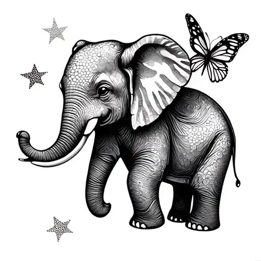 Baby elephant with butterfly on trunk and two stars above tattoo design idea