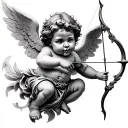chubby cherub with cute face flying holding a bow and arrow tattoo design idea