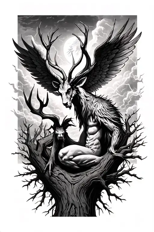 wendigo hiding in willow tree, with seraphim angel in sky surrounded by clouds and lightning tattoo design idea