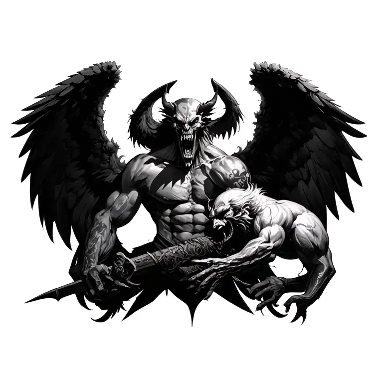 war angels vs demons in chest tattoo design idea