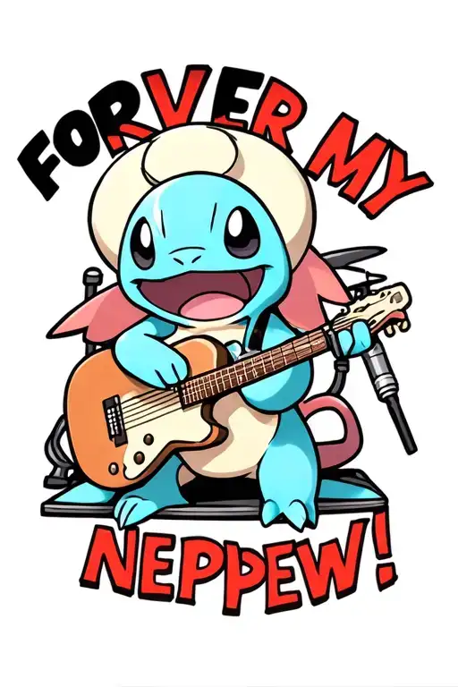 "FOREVER MY NEPHEW!" Pokemon Squirtle singing playing guitar and microphone and drums in background  tattoo design idea