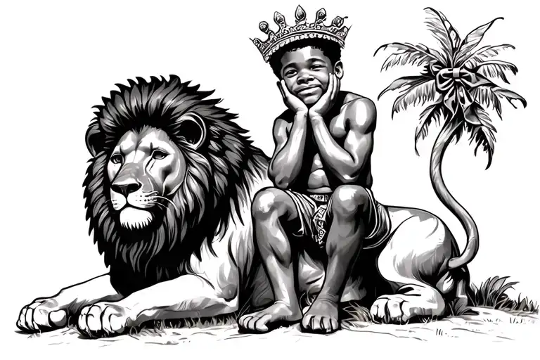 African America boy with Afro bow sitting on a lion with his hands on his cheeks and a crown on his head  tattoo design idea
