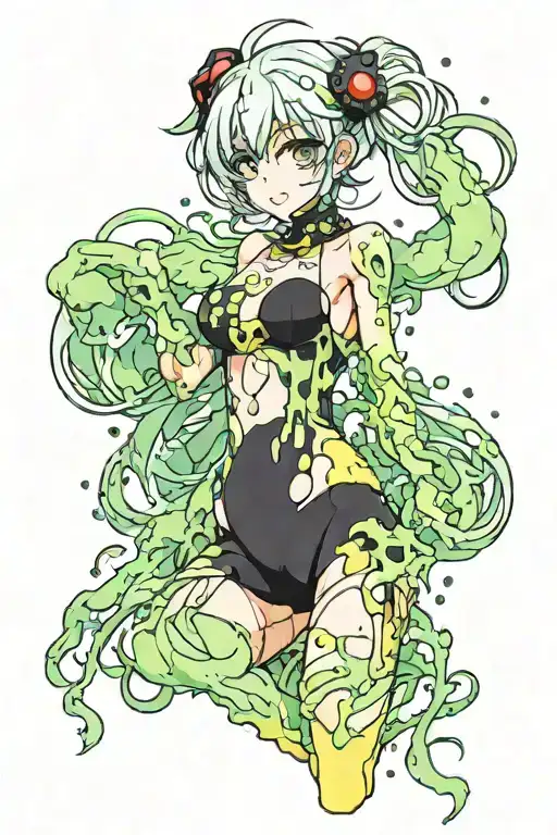 Acid colored anime girl with a huge amount of slime on her and small breasts tattoo design idea