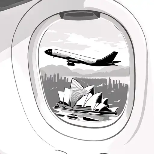 airplane window overlooking wing and Sydney opera house and Harbour bridge tattoo design idea