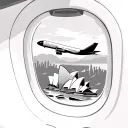 airplane window overlooking wing and Sydney opera house and Harbour bridge tattoo design idea