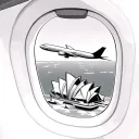 airplane window overlooking wing and Sydney opera house and Harbour bridge tattoo design idea