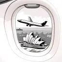 airplane window overlooking wing and Sydney opera house and Harbour bridge tattoo design idea
