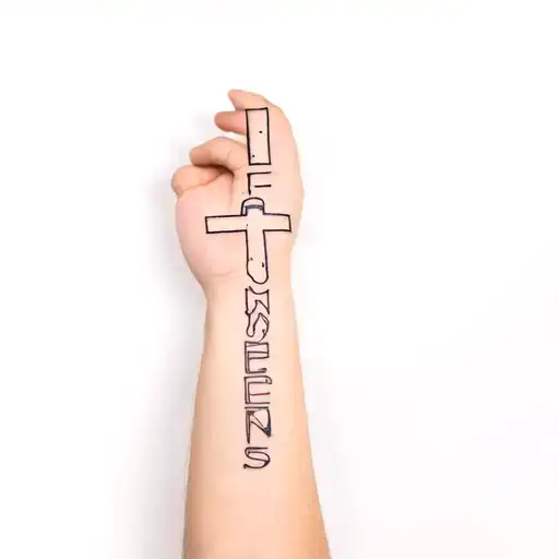 spelled out Jesus Christ vertical on back of forearm with other christian stuff behind it  tattoo design idea