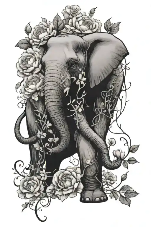 elephant, vines, peonies tattoo design idea