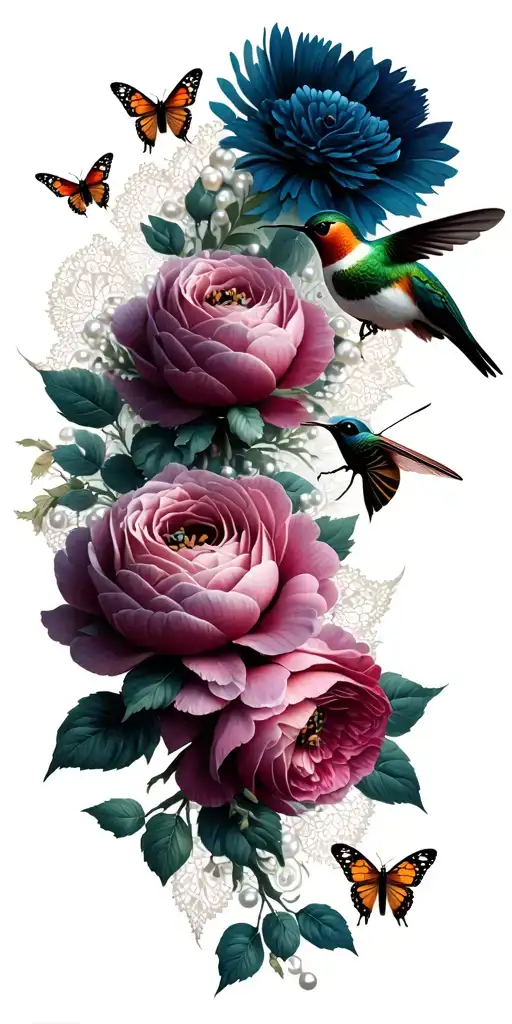 peonies, roses, lace, pearls, butterflies, bees, hummingbird tattoo design idea