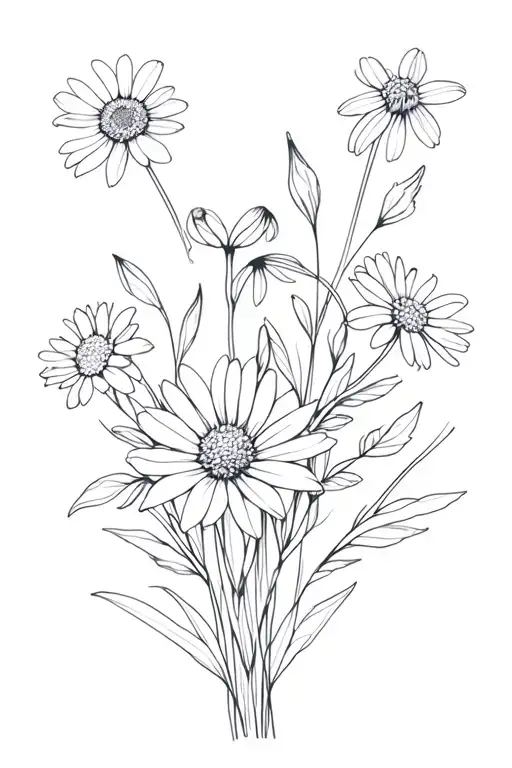 Fine line flower bouquet tattoo with one aster, snowdrop, cosmos, and carnation tattoo design idea