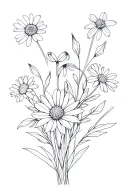 Fine line flower bouquet tattoo with one aster, snowdrop, cosmos, and carnation tattoo design idea