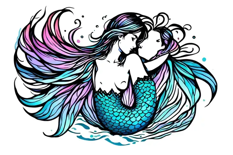 nonbinary mermaid, androgynous elegance, flowing pastel tail, trans pride colors, ethereal ocean light, fine line tattoo tattoo design idea