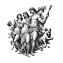 Arm tattoo of the Greek gods Poseidon, Ares, Athena, Aphrodite with Cupid, and Hades with Cerberus altogether  tattoo design idea