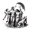 Arm tattoo of the Greek gods Poseidon, Ares, Athena, Aphrodite with Cupid, and Hades with Cerberus altogether  tattoo design idea