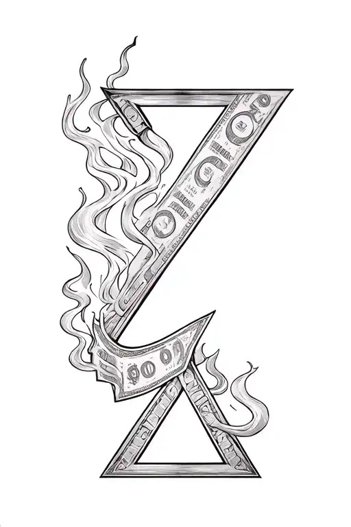 A tall, vertical “Z” shaped like a bar or blade	•	Flames rising up one side	•	Money textures (stacks or dollar signs)  tattoo design idea