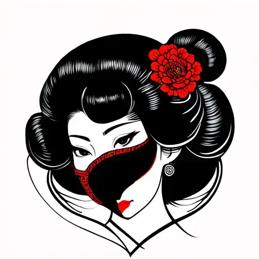 namakubi severed head geisha with borneo tribal through her cheek tattoo design idea