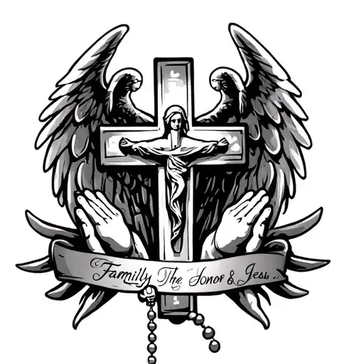 A cross a rosary on it 2 angel the holy Mary and Jesus and writes family honor faith and the hands of prayer tattoo design idea