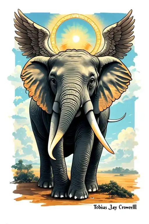 "Tobias Jay Cromwell" Create a tattoo of an elephant with its trunk to the sky, a halo above the head, and angel wings tattoo design idea