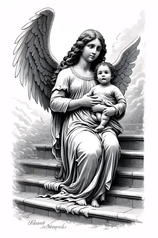 Heaven Stairs with woman holding a baby angel tattoo design idea