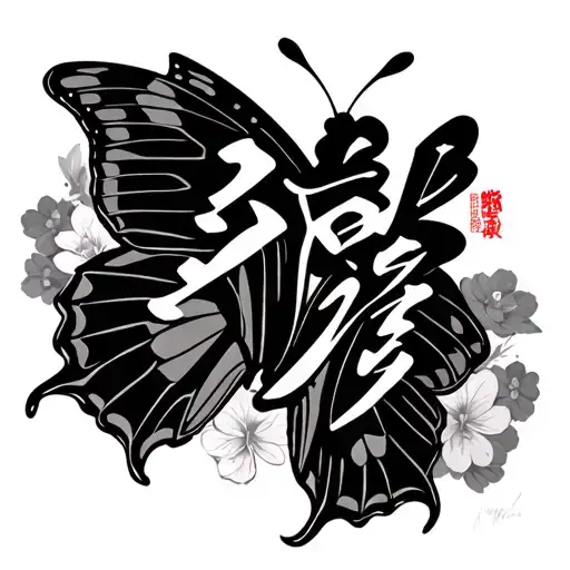 japanese lettering and butterfly together  tattoo design idea