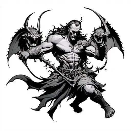 warrior fighting demons tattoo design idea