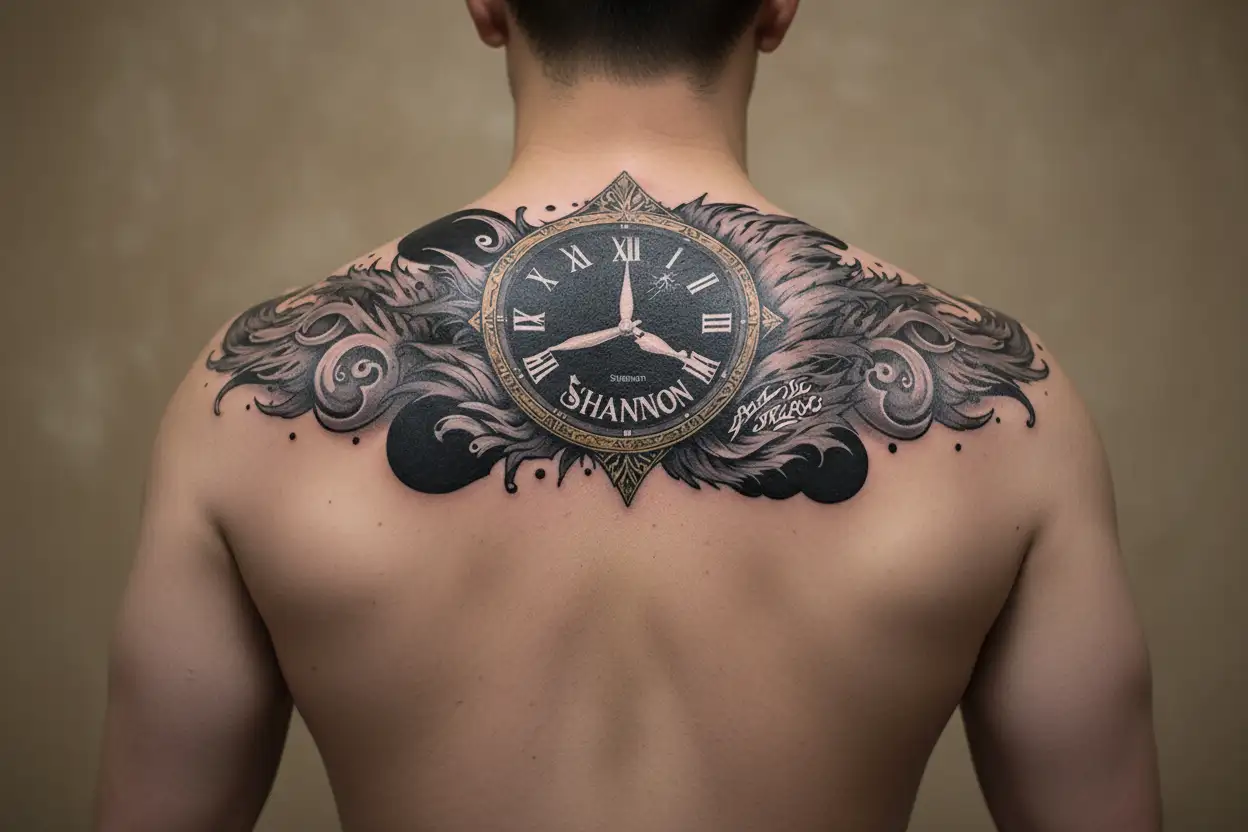 xxxtentacion iconic clock tattoo with the name Shannon  tattoo design idea