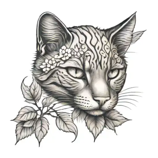 Cat napping under a rose bush tattoo design idea