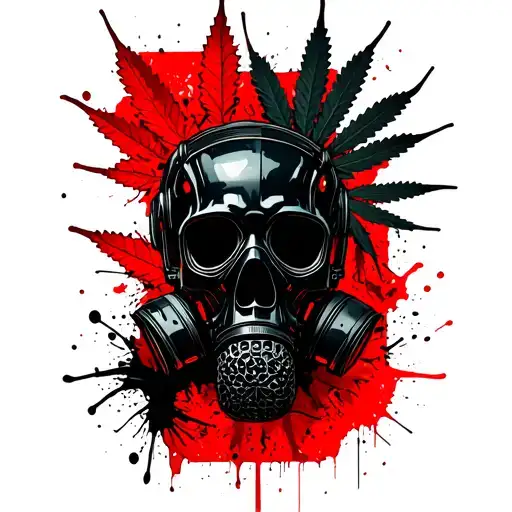 composition A black robot skull with a gas mask,in the background a marijuana leaf,hexagonal grid tattoo design idea