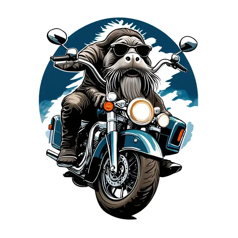 male walrus full body wearing riding leathers and sunglasses with a grey goatee riding a harley ultra limited tattoo design idea